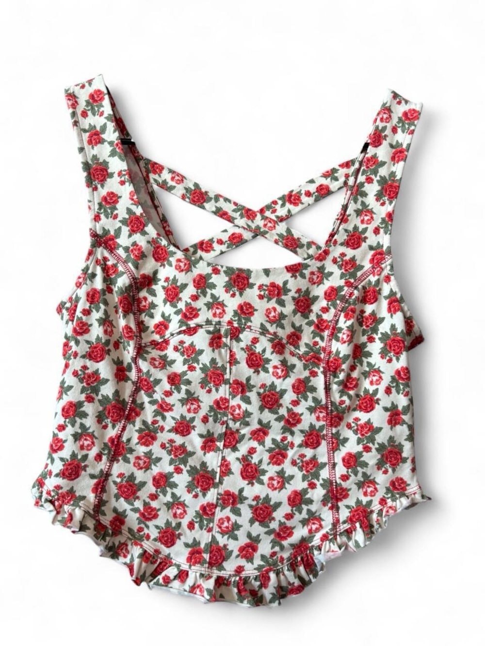 Free People Cream Camisole with Red Rose Print and Crisscross Back
